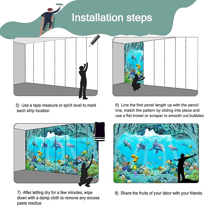 3D Ocean Animal World Shark cave Shoal of Fish Wallpaper Mural for Kid's Room (Not Peel and Stick)