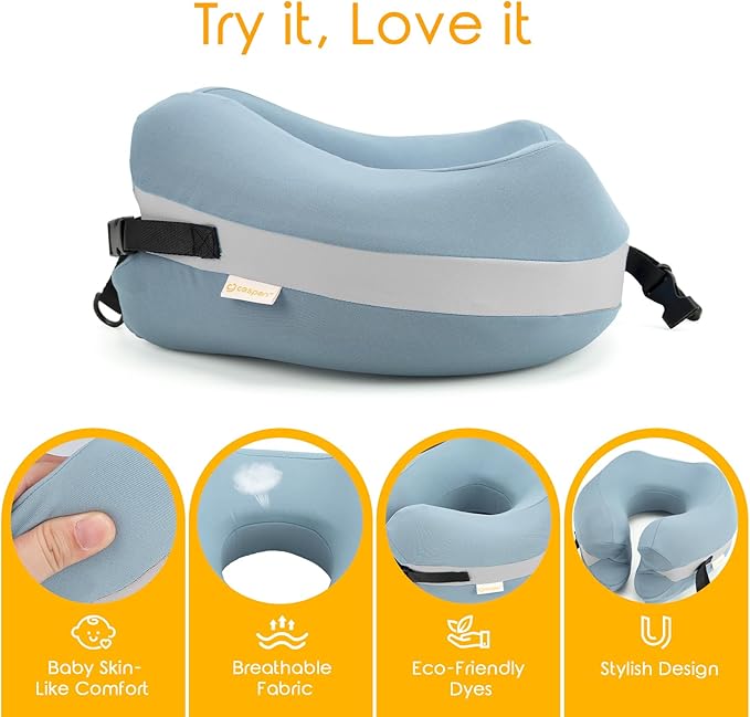 Travel Neck Pillow Premium Memory Foam, Head Support, Comfortable and Soft for Flight and Trip. Airplane Traveling Kit with Contoured Eye Mask, Triple Layer Earplug, and Travel Bag (Ice Blue)