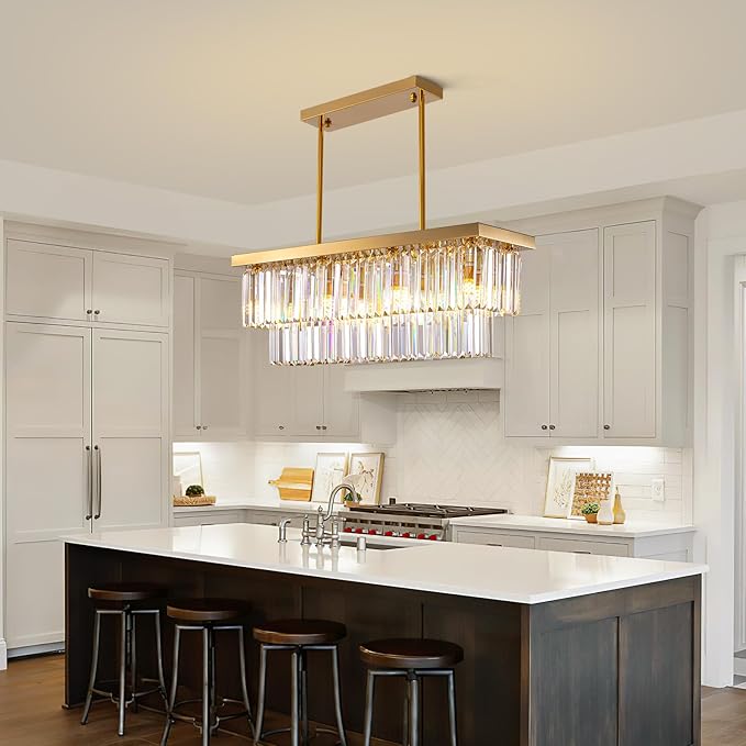 Siljoy 8-Light Modern Crystal Chandelier for Dining Room, Rectangular Gold 2-Tiers Crystal Raindrop Chandelier, Luxury Pendant Ceiling Light for Living Room Kitchen Island L31.5'' x W10'' x H10''