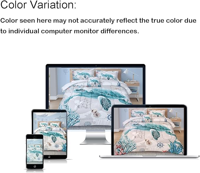 Bedbay Coastal Bedding Set Sea Turtle Comforter Set Queen Size for Girls Boys Soft Lightweight Ocean Bedding Quilt Set Beach Room Decor 4 Pcs Retro Turtle Beach Theme Duvet Insert(Turtle,Queen)