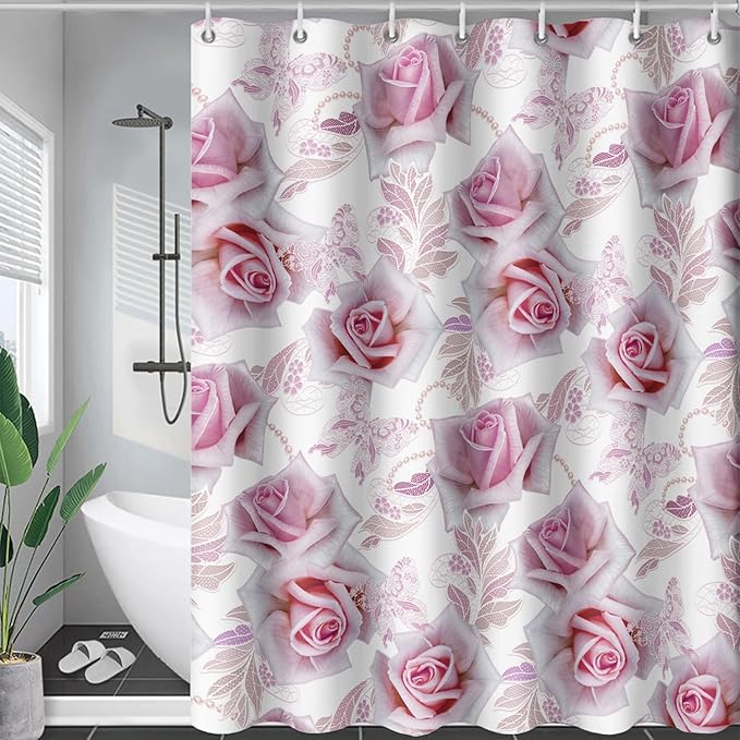 AILONEN Girls Rose Shower Curtain 72" W*84" H, Pink Rose Shower Curtain with 12 Hooks,Waterproof Floral Shower Curtain for Bathroom,Romantic Flower Pink Shower Curtain