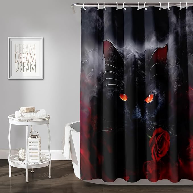 AILONEN 3D Black Cat Shower Curtain,Cat with Red Rose Polyester Cloth Bath Curtain Set for Kids Boys,Fog with Flowers Waterproof Shower Curtain for Bathroom, 72" W*96" H Black