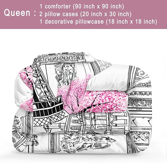 Bedbay Girls Teen Queen Bedding Set Paris Eiffel Tower Comforter Set 4 Pcs Pink Flowers Duvet Set Romantic French Style Quilt Bedding Set Lightweight Down Alternative Comforter(Paris,Queen)