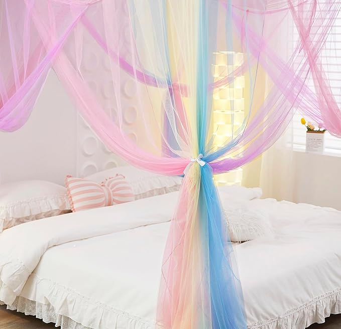 Mengersi Rainbow Canopy Bed Curtaina Mosquito Net for Bed Canopy, Four Corner Post Curtains Elegant Bed Netting, Screen Netting Canopy Curtains for Twin to Twin XL Size Bed