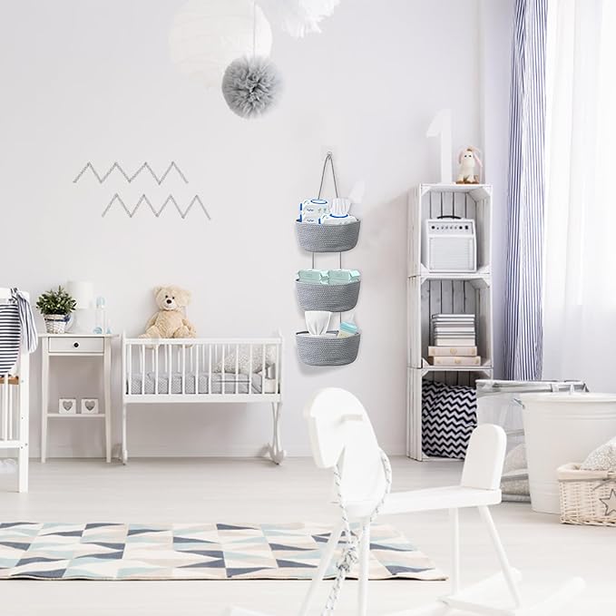 3 Tier Wall Mounted Woven Hanging Basket, Over the Door Hanging Basket with Hooks, Decorative Storage Hanging Closet Removable, Large Wall Basket for Living Room, Bedroom, Kitchen (Gray)