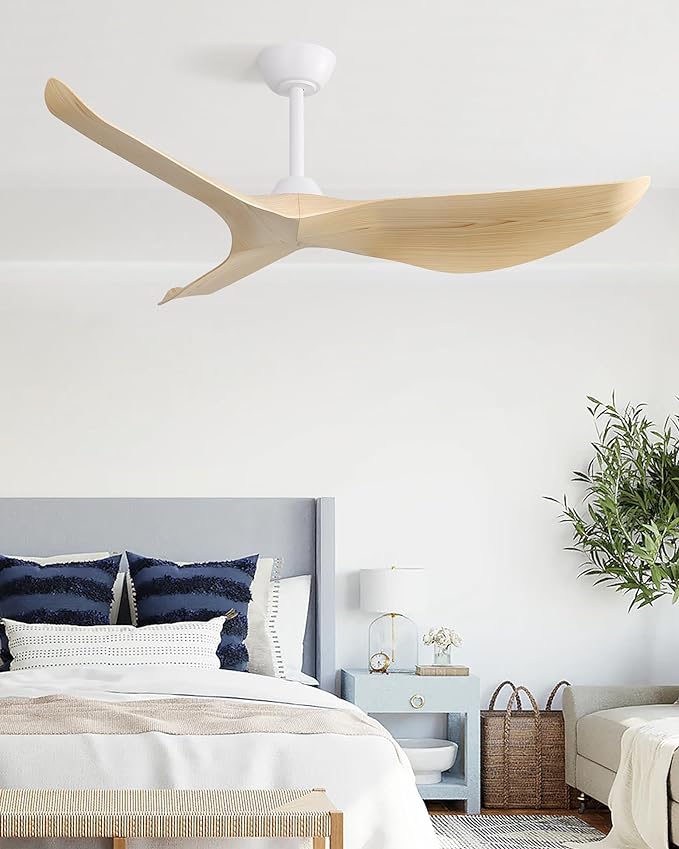 CACI Mall Ceiling Fans Without Lights - 52 Inch Flush Mount Ceiling Fan with 6 Speeds 3 Timer Remote, Quiet Reversible DC Motor and 5"/10"/25" Replacement Downrods (Light Wood Blades)