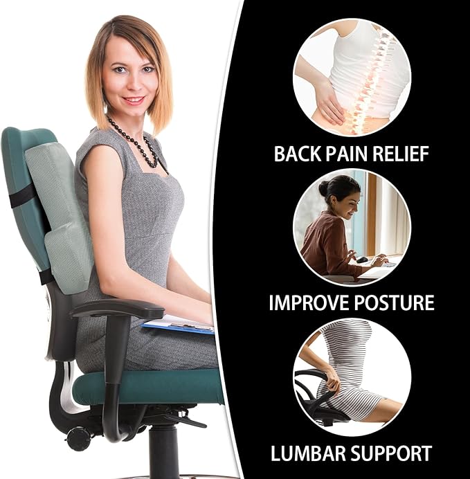 HOMBYS Lumbar Support Pillow for Office Chair-Seat Cushion for Back Support, Improved Sitting Posture and Upper/Lower Back Pain Relief for Desk Chairs, Car Seats and Airplanes (Light Grey, 16"x12"x3")
