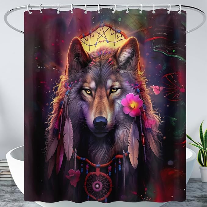 AILONEN 3D Wolf Dream Catcher Shower Curtain for Bathroom,Safari Wolf Printed Bath Curtain for Boys Men,Wildlife Decoration Shower Curtain Waterproof 60" W*72" H