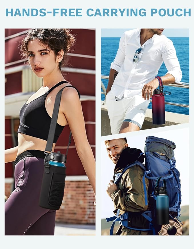 32 oz Insulated Water Bottle with Straw - Pop-up Spout Lid, Paracord Handle, Carrier Bag with Strap, Leak Proof Stainless Steel Water Bottle 32oz, Cold Flask Jug for Traveling Hiking