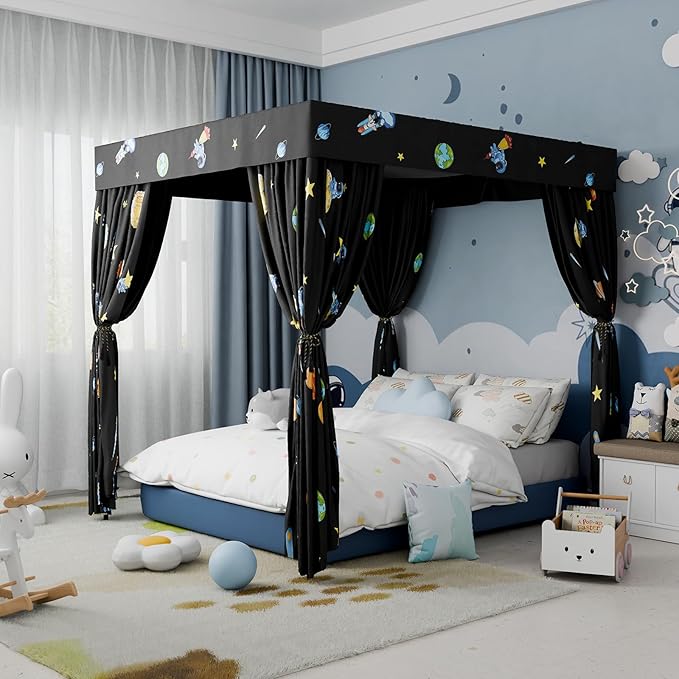 Hvqic Black Canopy Bed Curtains - 4 Corner Post Bed Curtains King Bed Curtains Lightproof Drapes Bed Canopy for Adults & Girls Bedroom Decoration(King,Black-Planet)