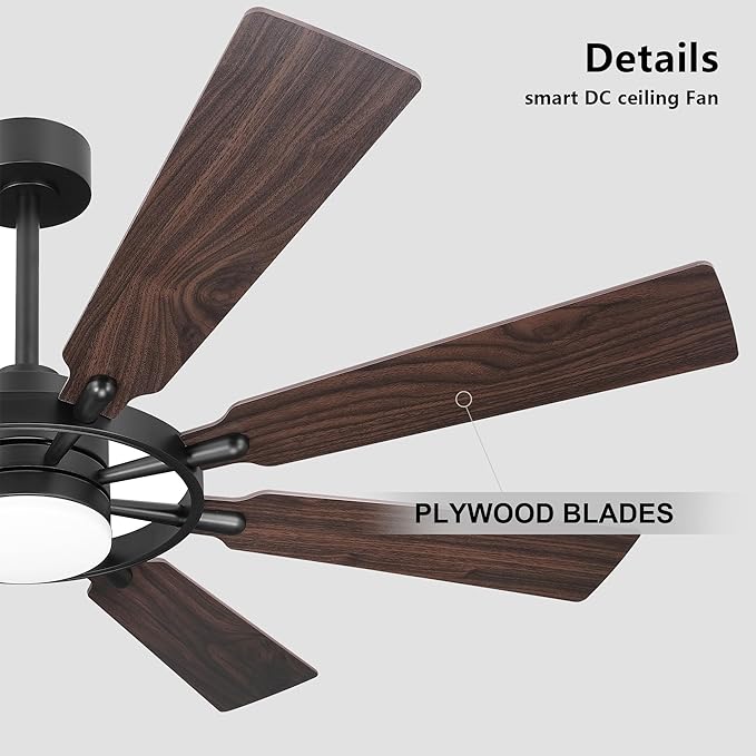 60" Ceiling Fan with Lights and Remote Control, Wood 8 Blades 6-Speed Noiseless Reversible DC Motor, 2 Downrods, Modern Ceiling fan for Office Porch Bedroom Dining Living Room, Black+Walnut