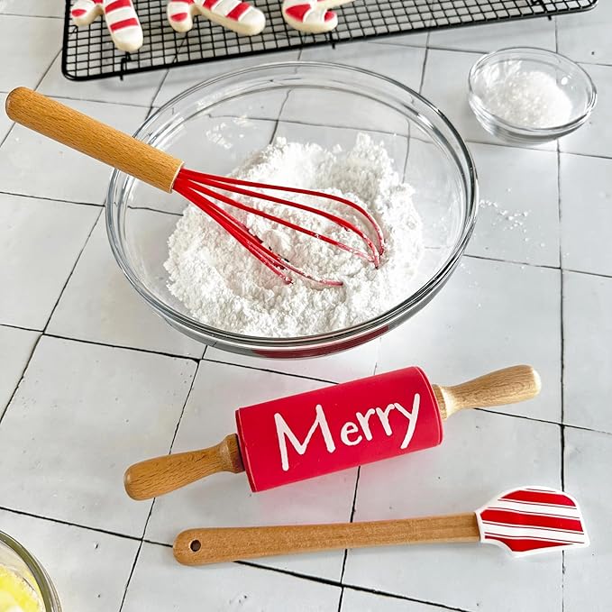 Christmas Holiday Mini Bake Set. Includes mini-Spatula, Whisk and Rolling Pin. Great Christmas gift idea for teachers, and stocking stuffers.