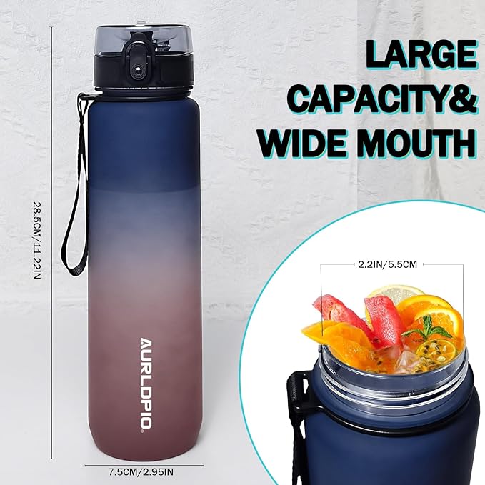32oz/1L Water Bottle, Sports Water Bottle with Times to Drink & Lock Cover+Strainer,BPA-Free, Leakage Proof, Sports Drink Bottle for Bicycle, Outdoor, Gym, School, Reusable Daily(Blue-Red)
