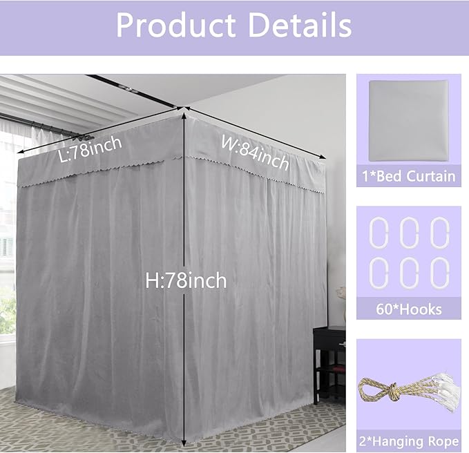 Grey Canopy Bed Curtains - 4 Corner Post Bed Curtains Canopy King Bed Canopy Curtains for Adults Girls Bedroom Decoration(Grey, King)