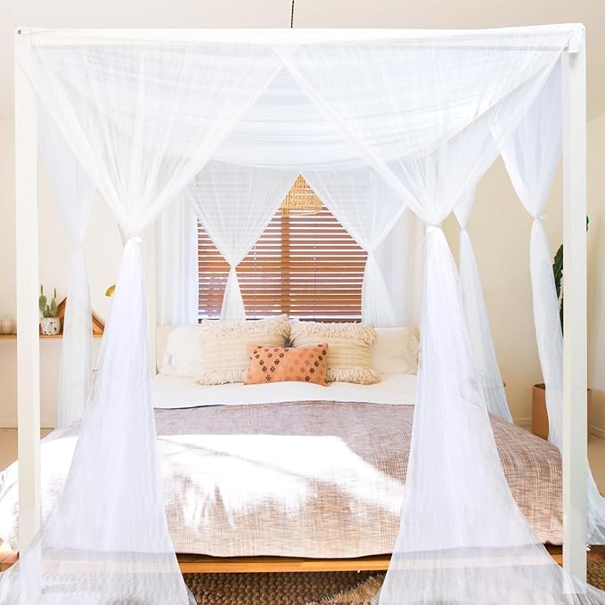 South to East White Canopy Bed Curtains, 4 Corner Post Bed Canopy, Top Elegant Bed Drapes for Bedroom Decor, 75D Polyester Mesh, 4 Openings, Easy Install, Bed Curtain for King/Queen Size