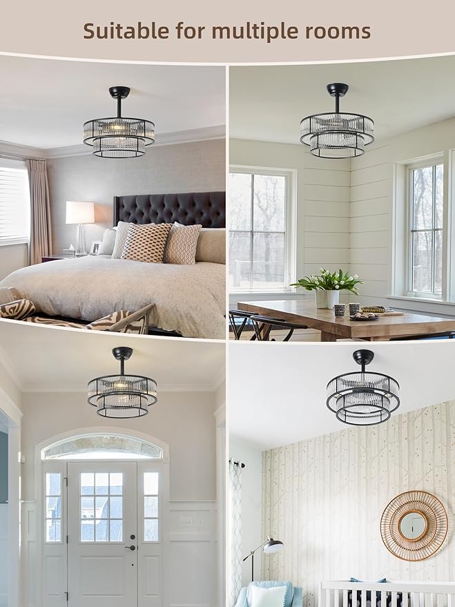 20" Black Crystal fandelier Ceiling Fan with Lights,Black Caged Chandelier Ceiling Fan with Light Remote Control,Enclosed Mid Century with 6 Speeds for Bedroom,Living Room,Nursery