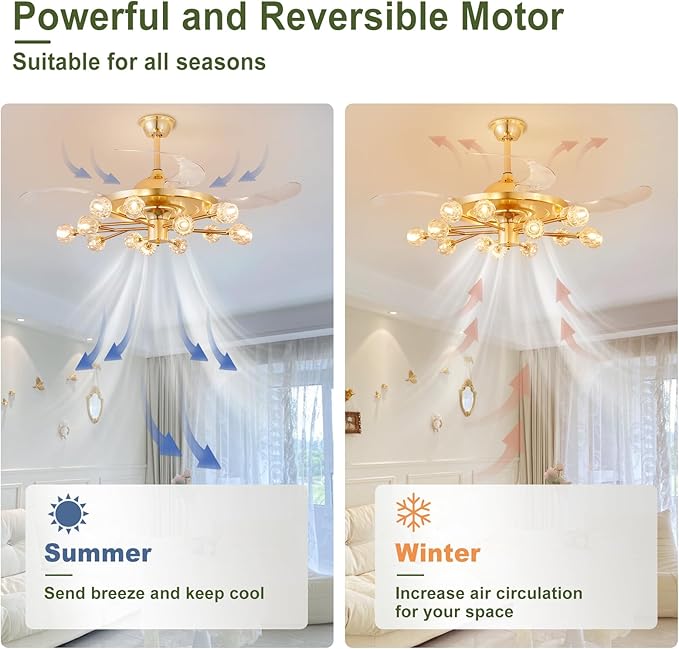 Sputnik Crystal Ceiling Fan Chandelier: 42" Gold Fandelier Ceiling Fans with 15 Lights and Remote Modern - Retractable Fandelier Ceiling Light for Living Dining Room Kitchen Bedroom