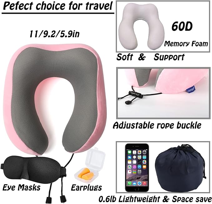 GOTDYA Travel Pillow,Travel Neck Pillows for Sleeping,100% Pure Memory Foam Soft Comfort & Support Pillow for Airplane/Car/Office&Home Rest Use-Pink