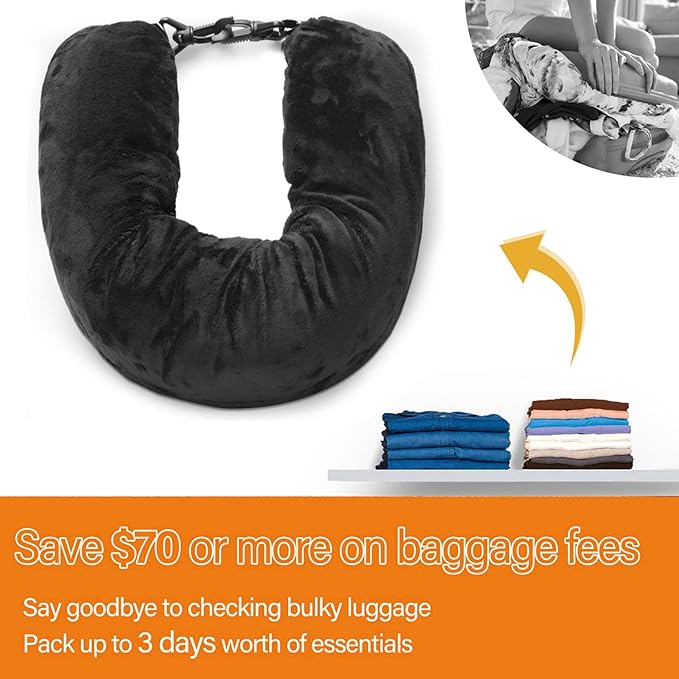Stuffable Neck Pillow, Travel Neck Pillow Storage Bag for Airplanes, Tube Travel Neck Pillow Stuff with Clothes, No Extra Baggage Fees, Fits 3+ Days of Travel Essentials, No Filler (Black)