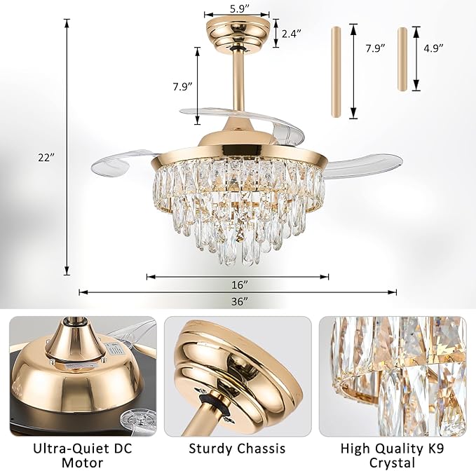 LEONTYNE 36" Modern Crystal Ceiling Fan with Lights and Remote Invisible Retractable LED Dimmable Chandelier Fan 3 Blades 6 Speeds Fandelier for Bedroom Living Room Dining Room(Gold)