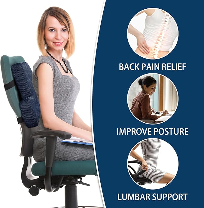 HOMBYS Lumbar Support Pillow for Office Chair-Seat Cushion for Back Support, Improved Sitting Posture and Upper/Lower Back Pain Relief for Desk Chairs, Car Seats and Airplanes (Navy Blue, 16"x12"x3")