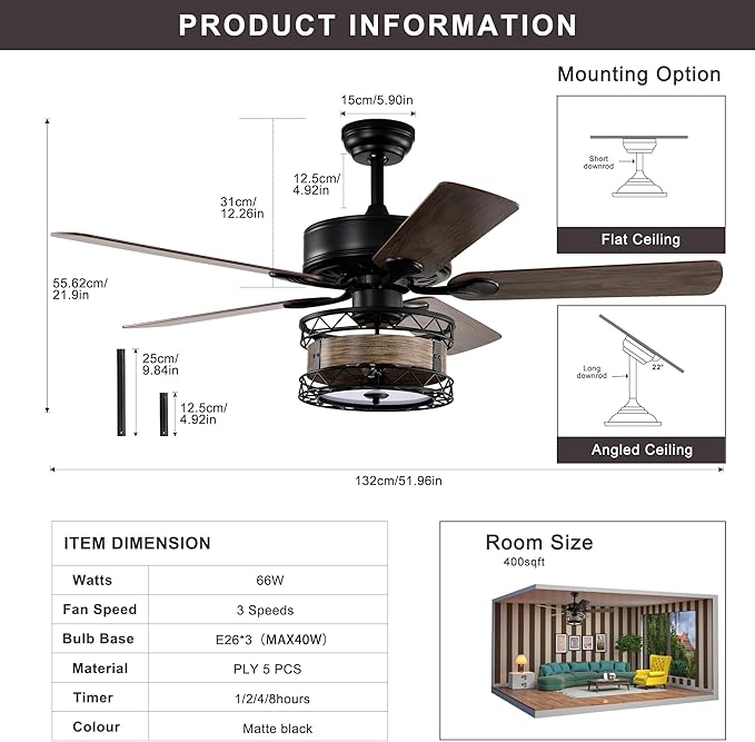 NicBex Ceiling Fan 52 Inch Ceiling Fan with Lights Vintage Ceiling Fans with 5 Blades and Remote Control Reversible Ceiling Fan with Lamp Shade for Bedroom, Living Room, Matte Black