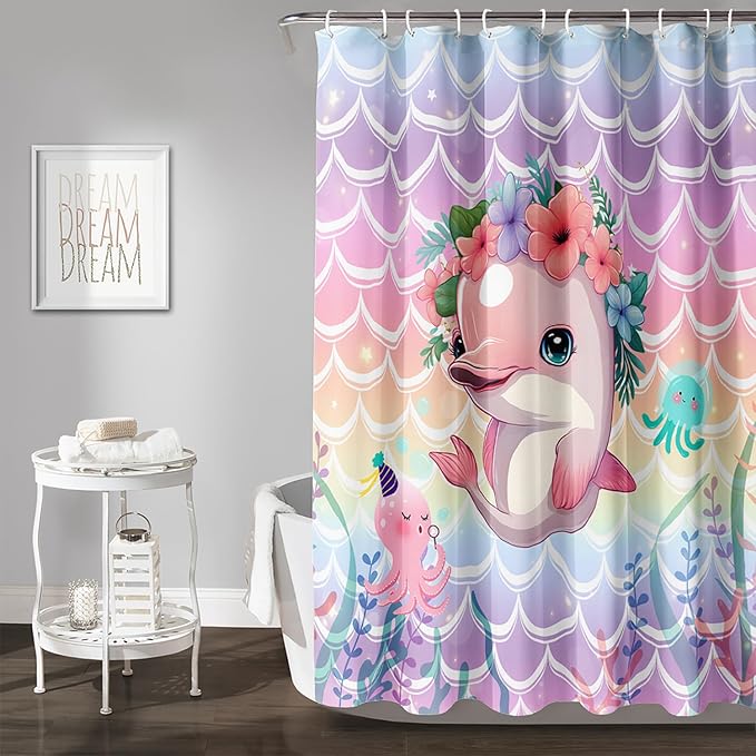 AILONEN Cute Dolphin Shower Curtain,Beautiful Sea World Theme Bath Curtain Cloth Fabric Bathroom 60" W*72" H Inch,12 Pack Hooks for Kids Child Cute Pink Dolphin Sea Animal Bathroom Curtain