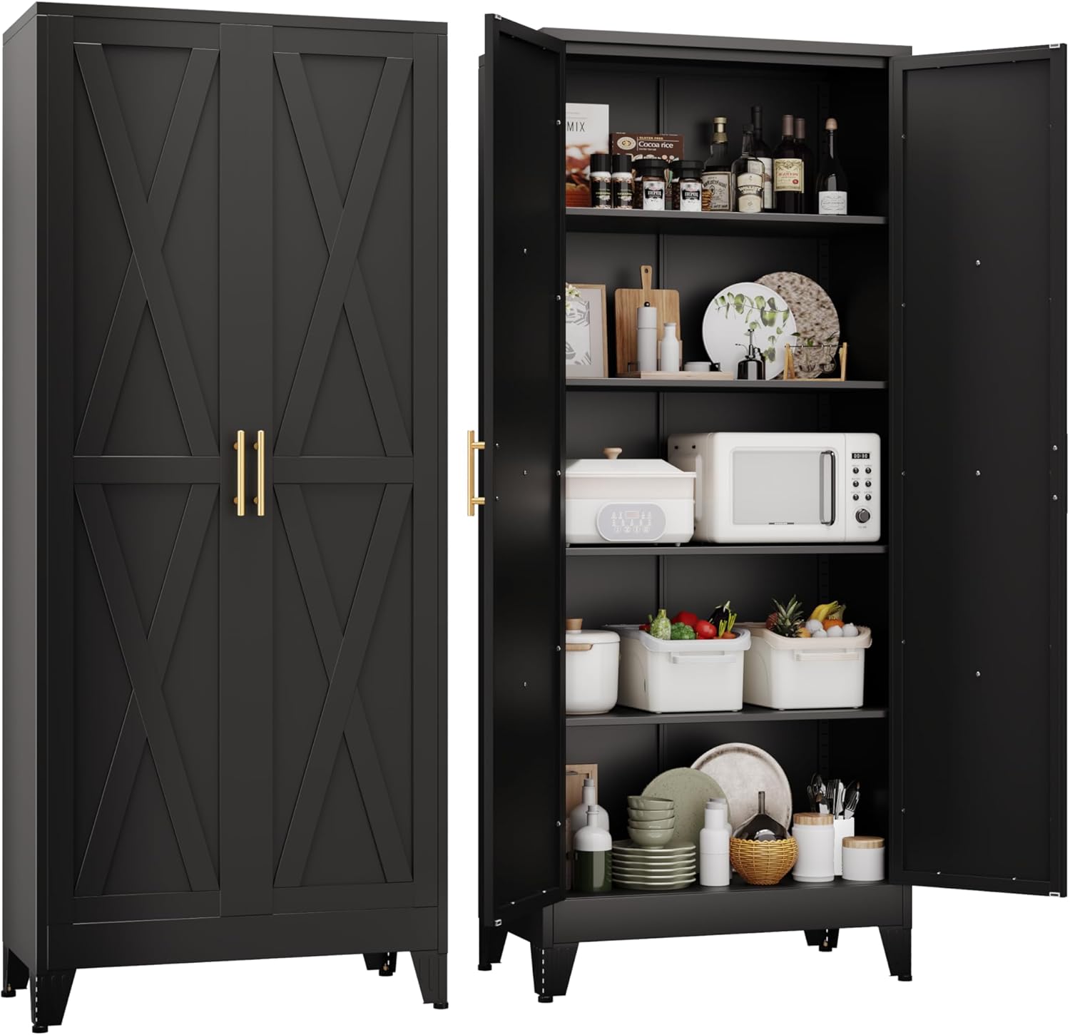 71" H Metal Kitchen Pantry Storage Cabinet, Freestanding Cupboard with 2 Doors and 4 Adjustable Shelves, Standing Storage for Kitchen, Bathroom, Garage, Dinning Room or Utility Room（Black）