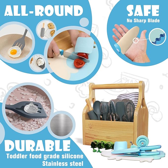 Kids Cooking and Baking Sets Real 23PCS, Toddler Chef Knife Set with Cutting Board and Peeler, BPA-free, Food Grade Child Safe Kitchen Tool for Meal Prep (Blue)