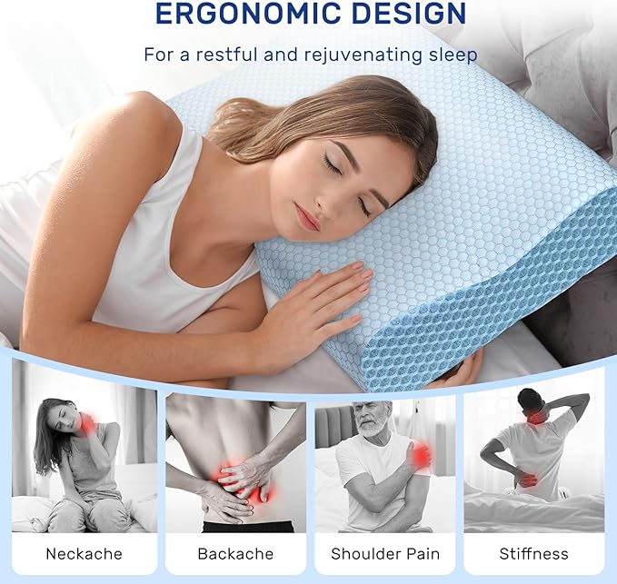 Memory Foam Pillows Cooling Pillow for Hot Sleepers Neck Pillow Bed Pillow for Sleeping Ergonomic Cervical Pillow Orthopedic Contour Pillow for Side Back-Blue White