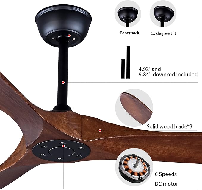 Bigzone 60" Outdoor Ceiling Fan Without Light, Energy Efficient DC Motor, 3 Solid Wood Blades, Wood Ceiling Fan with Remote Control, Reversible Blades
