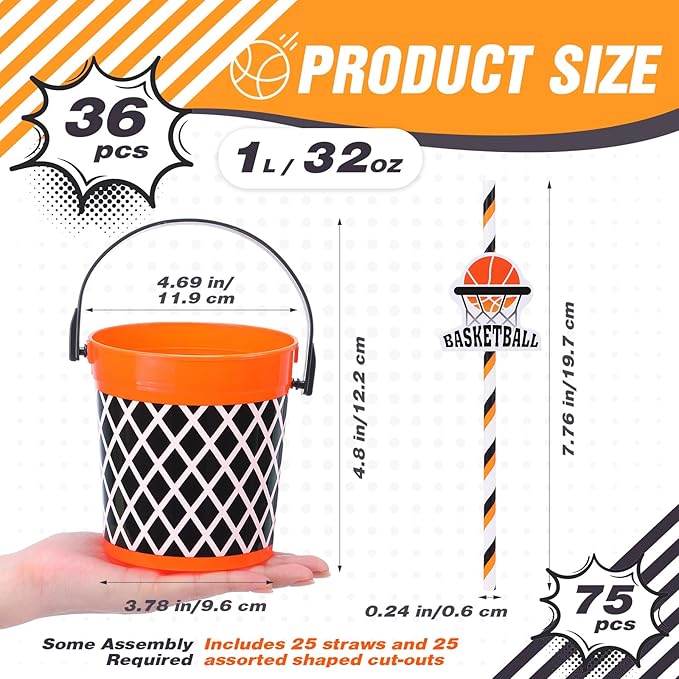36 Pcs 32oz Basketball Party Favors Rum Buckets Plastic Basketball Cocktail Buckets for Drinks Plastic Ice Pail Bulk with Handle and Straw Reusable Punch Bowls for Drinkware Beer Beverage
