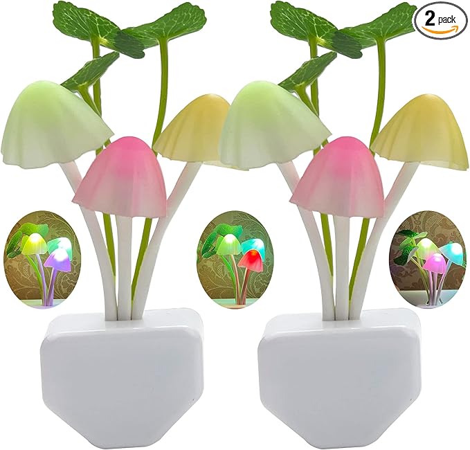 2 Pack Sensor LED Night Lights, Color Changing Plug-in Led Mushroom Dream Bed Lamp for Kids Children Adults, Dusk to Dawn Sensor Auto On/Off, Funny Wall Decor Gifts for Nursery Baby Bed Flower Lamp