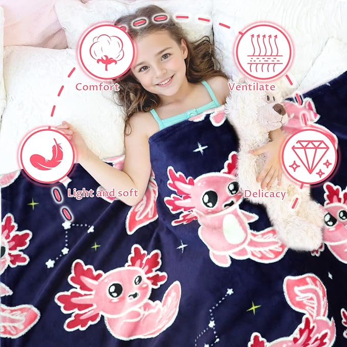 Axolotl Blanket Glow in The Dark Blanket Pink Axolotl Plush Cute Blanket for Girls Axolotl Gifts Birthday Decorations 50"x60"