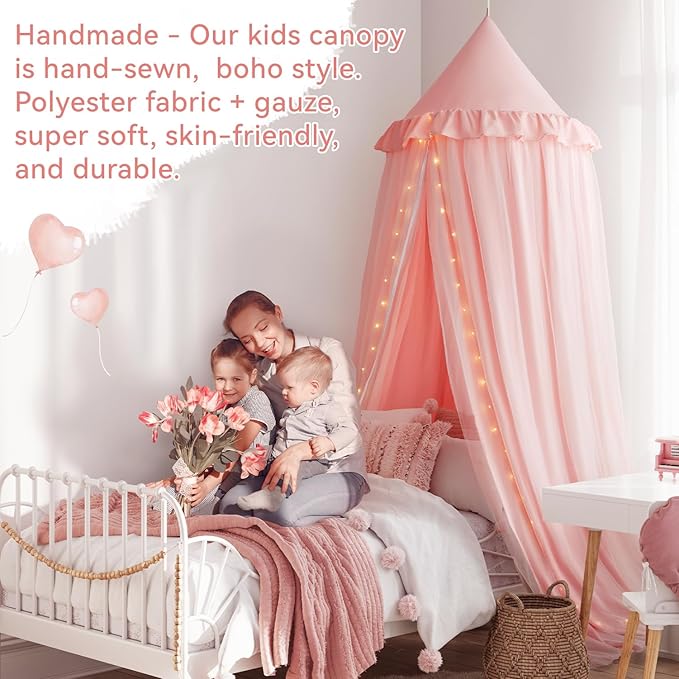 Bed Canopy Drapes, Double Layer Canopies Netting Tent for Bed, Princess Fairy Bed Canopy with String Lights for Girls, Adults, Canopy Bed Curtains Mosquito Net, Pink, 27''x108''