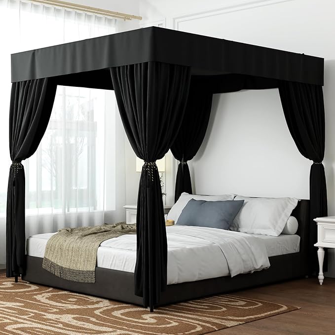 Hvqic Black Canopy Bed Curtains - 4 Corner Post Bed Curtains Twin Bed Curtains Lightproof Drapes Bed Canopy for Adults & Girls Bedroom Decoration(Twin,Black)