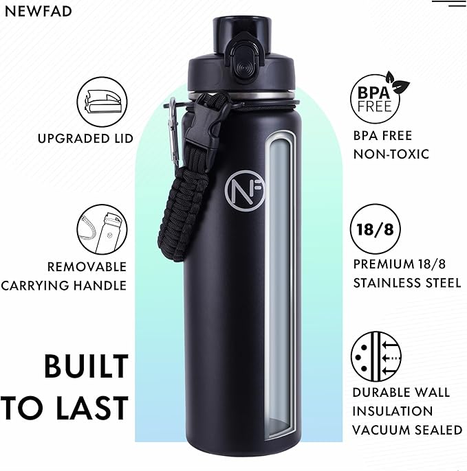 32 oz Insulated Water Bottle With Detachable Straw & Paracord Handle, Stainless Steel Thermos Water Bottle with Leakproof Lockable Lid, BPA-Free Sports Bottle (Black)
