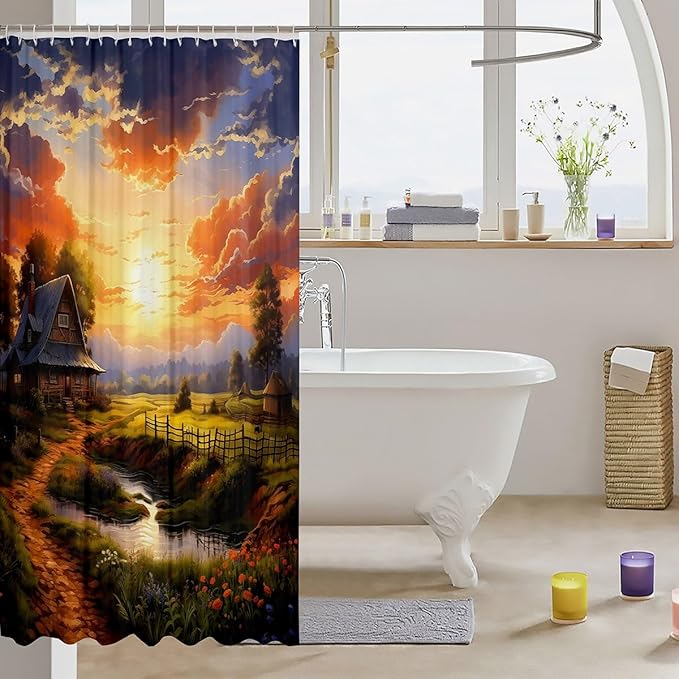 Feelyou Western Farmhouse Fabric Shower Curtain Kids Farmhouse Bathroom Waterproof Accessories with 12 Hooks for Boys Girls Sunset Shower Curtain Nutrue Theme Curtains,72x72 Inches