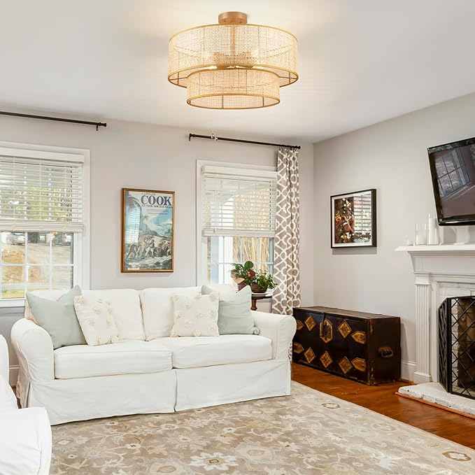 Hamilyeah 20 inch Ceiling Light Fixture Flush Mount Double Layer, Boho Light Fixture Ceiling Mount Wicker Shade, Bamboo Woven Rattan Light Fixture Ceiling for Living Room, Bedroom, Dining Room