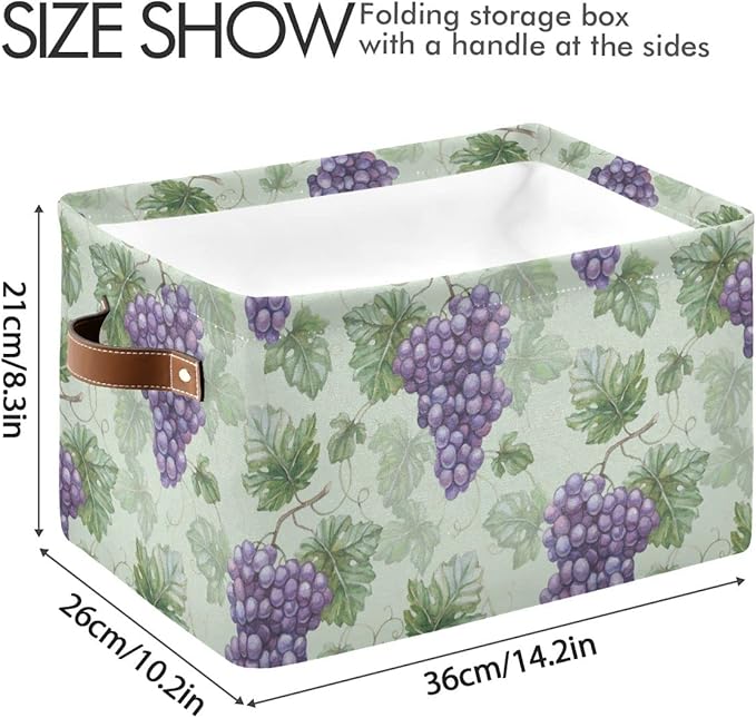 Grapes Purple Rustic Storage Basket Fabric Storage Bin Laundry Baskets Green Leaves Fruits Foldable Storage Boxes Organizer Bag for Cloth Dog Toy Book Storage Cubes Shelf Closet Basket 16×12×8 Inches