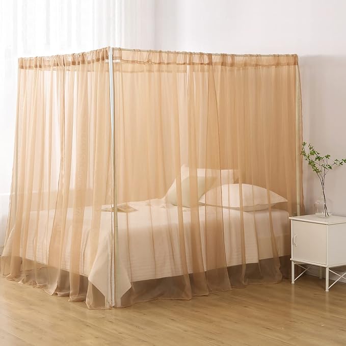 Princess Chiffon Bed Canopy, Canopy Curtains for Queen Bed Adults, 4 Post Bed Drapes Room Decor(Light Coffee)