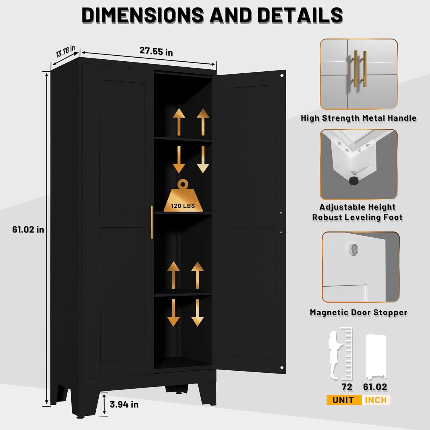 61" Balck Metal Kitchen Storage Cabinet, Kitchen Pantry Storage Cabinet with Doors and Shelves, Storage Cabinet with Adjustable Leveling Foot for Kitchen, Living Room and Dining Room