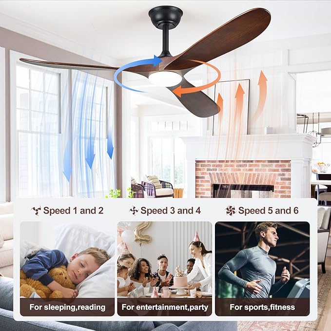 52" Ceiling Fans with Lights, 52 inch Ceiling Fan with Lights, High cfm Quiet 3 Blade Wood Walnut Ceiling Fan, Large Modern Ceiling Fan with Remote, Propeller Fans for Patios,Dark Walnut