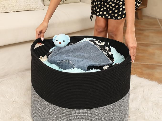 24" x 24" x 17" Max Size Large Cotton Rope Basket, Extra Large Storage Basket, Woven Laundry Hamper, Cloth Storage Bin, for Blankets Clothes Towels Pillows in Living Room, Black/Grey Mix
