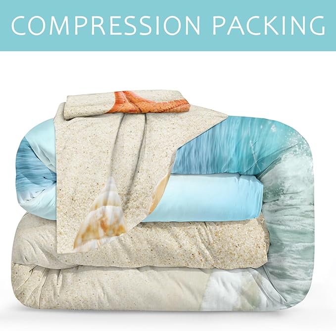 Bedbay Seashell Comforter Coastal Bedding Comforter Set Twin Size Boys Girls Beach Theme Bedding Set Beach Room Decor Starfish Seashore Beach Quilt Set 3 Pcs (Conch,Twin)