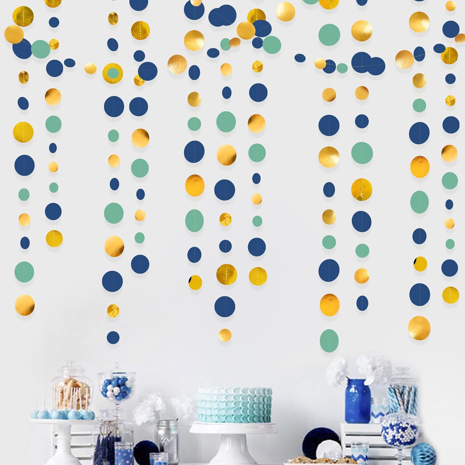 Blue Gold Green Decorations Circle Dots Garland Metallic Gold Navy Blue with Sage Green Hanging Polka Dot Streamer for Birthday Baby Shower Bridal Shower Wedding Bachelorette Engagement Party Supplies