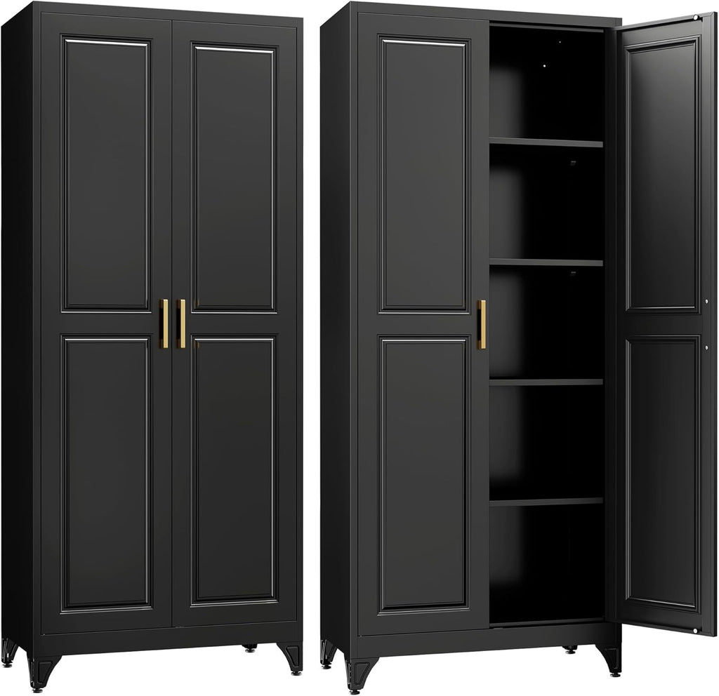 Kitchen Pantry Cabinet,75”Black Metal Storage Cabinets with Doors and 4 Adjustable Shelves,Kitchen Cabinet with 2 Gold Handles,Tall Cabinet for Livingroom, Bathroom