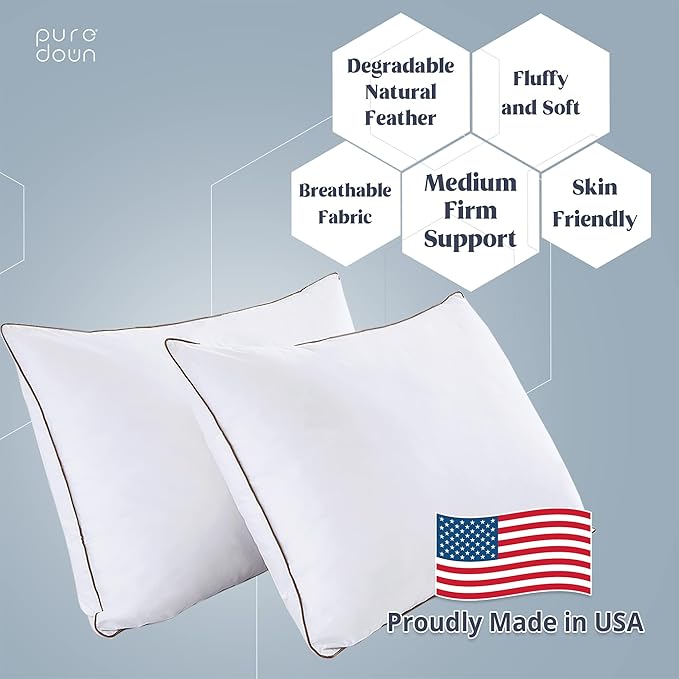 puredown® Goose Feathers Down Pillows Queen Size Set of 2 - Made in USA Soft Fluffy Hotel Pillow, 100% Cotton Cover, Luxury Medium Firm Bed Pillows for Back, Stomach or Side Sleeper.