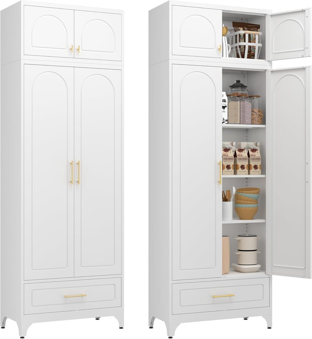Kitchen Cabinet, 90" Tall Metal Pantry Cabinet, Freestanding Cupboards with One Drawer, Food Storage Cabinets for Dining, Living Room, White, 16" D x 32" W x 90" H, Assembly Required