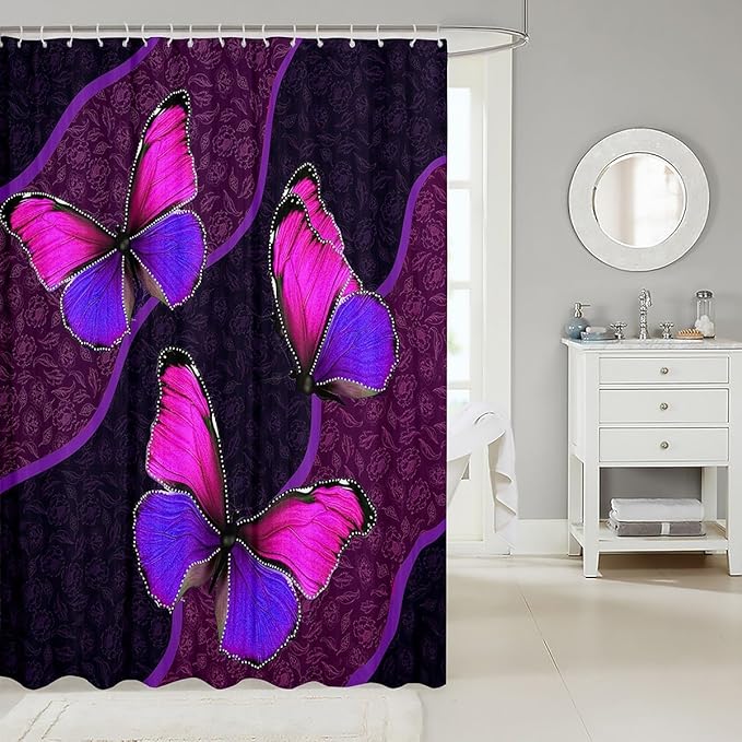 Feelyou Butterfly Shower Curtain 72"x72" Kids Butterflies Botanical Floral Print Bathroom Shower Curtain Set for Boys Girls Teens Geometric Stripes Bath Curtain Pink Purple Bathroom Accessories
